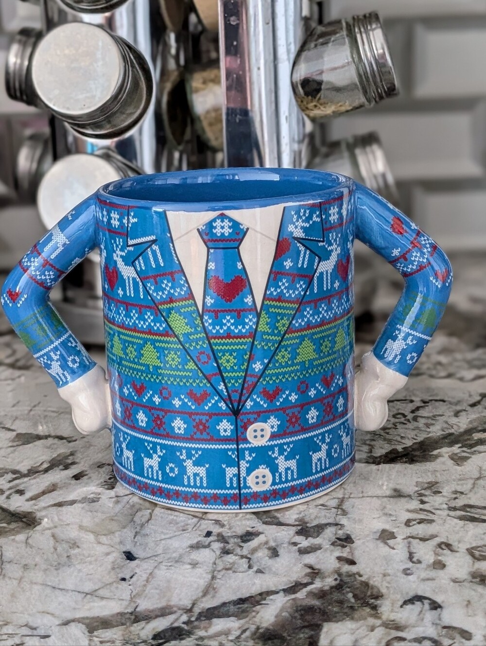 Funny Ugly Christmas Sweater Mug | Novelty Ceramic Coffee Cup | 3D Arms & Hands